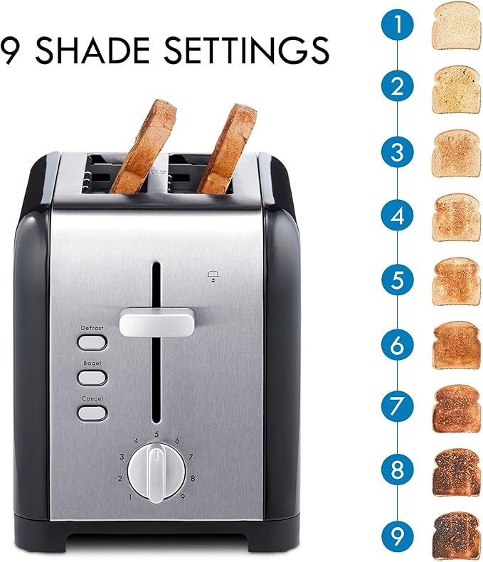 Kenmore 2-Slice Toaster, Black Stainless Steel, Extra Wide Slots, Bagel and Defrost Functions, 9 Browning Levels, Removable Crumb Tray, for Bread, Toast, English Muffin, Toaster Strudel