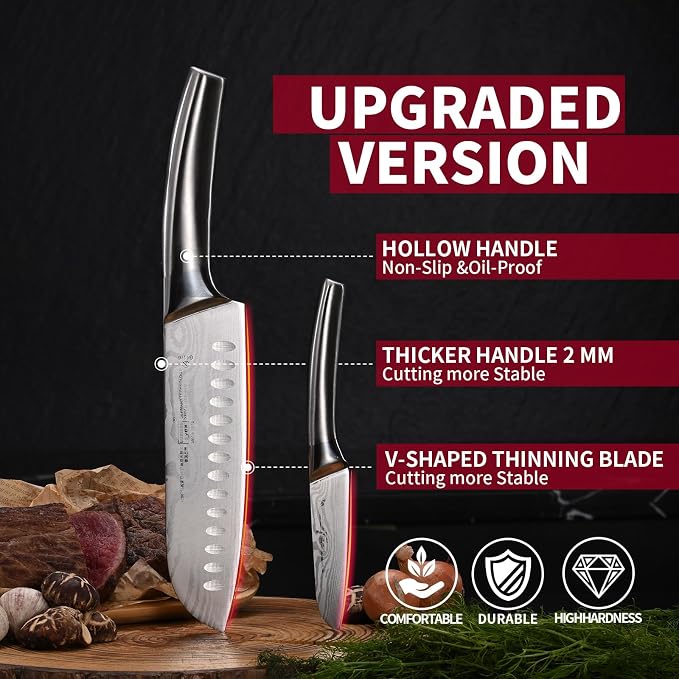 Santoku Knife and Fruit Knife Damascus Pattern Kitchen knives Set Stainless Steel Japanese Chef Knife Paring knives with Hollow Handle