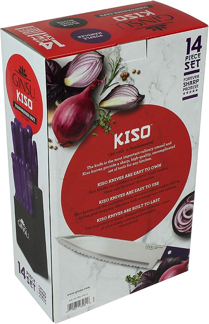 Ginsu Kiso 14-Piece Purple Knife Set with Black Block - Dishwasher Safe and Always Sharp