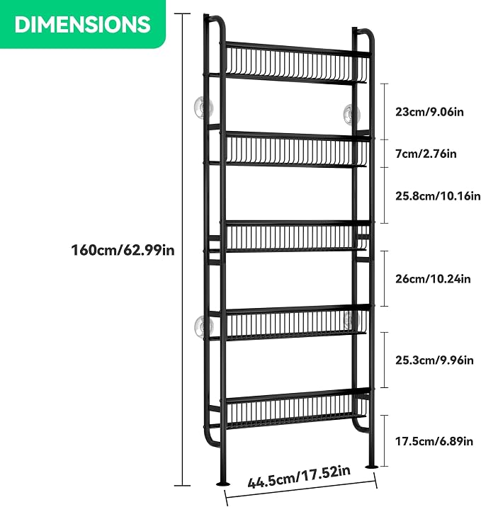 Behind The Door Narrow Bookshelves Pantry Spice Rack 5-Tier Slim Metal Space-Saving Organizer for Bathroom Closet Kitchen Living Room Sturdy Room Laundry Room, Black