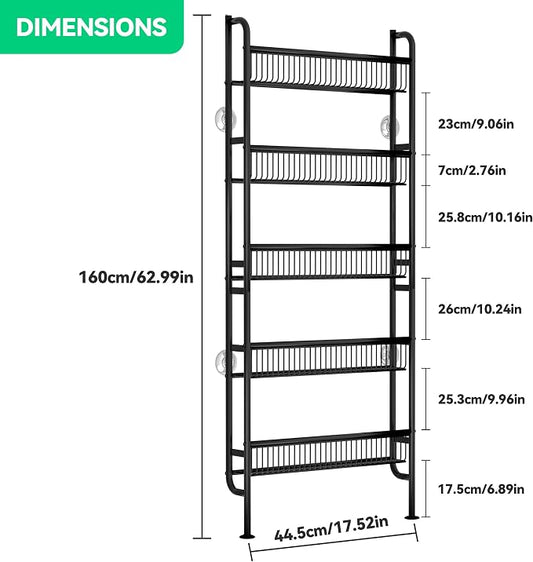 Behind The Door Narrow Bookshelves Pantry Spice Rack 5-Tier Slim Metal Space-Saving Organizer for Bathroom Closet Kitchen Living Room Sturdy Room Laundry Room, Black