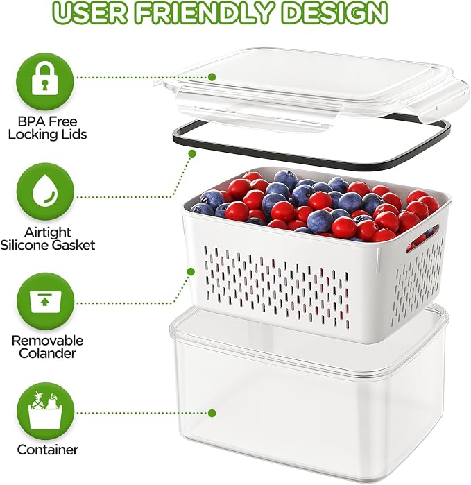 4 PCS Fruit Storage Containers for Fridge, Produce Containers for Fridge with Removable Colander, All-In-One Fruit Washing Bowl with Strainer Microwave/Dishwasher Safe for Salad Berry Lettuce Keeper