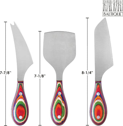 Totally Bamboo Baltique Marrakesh Collection 3-Piece Cheese Knife Set, Stainless Steel Cheese Knives with Colorful Wooden Handles for Charcuterie Boards