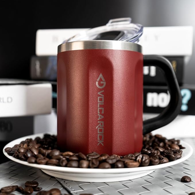 Stainless Steel Coffee Mug with Handle, 16 oz Double Wall Vacuum Insulated Travel Mug Tumbler With Slider Lid, Great Tea Mug for Men and Women (Black)