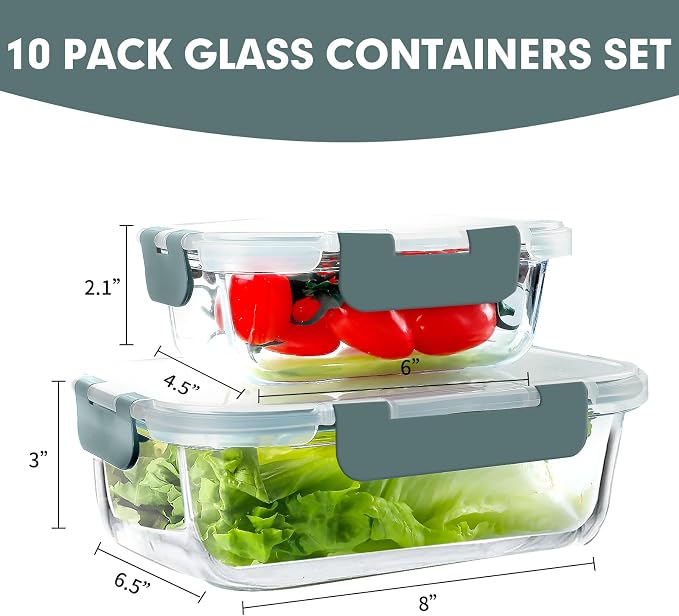 VERONES 10 Pack Glass Meal Prep Containers, Airtight Glass Lunch Containers, Stackable Glass Food Storage Containers Set with Lids,BPA-Free, for Microwave, Oven, Freezer & Dishwasher Friendly,Grey