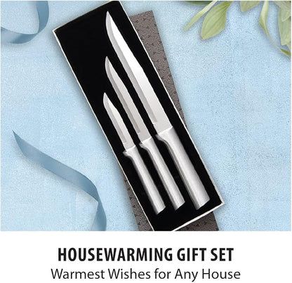 Rada Cutlery Housewarming Gift Set (S02) 3-Piece Knife Set with Quick Edge Sharpener (R119), Stainless Steel Blades, Silver Handle