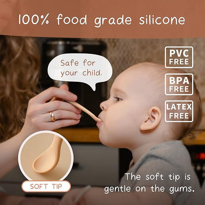Moonkie Silicone Baby Spoons Set of 4, Toddler Spoons for Self Feeding 6 Months, Two Sizes Feeding Spoons for First Stage 4+ Months, Infant, Baby Utensils with Case, Bendable, Chewproof & Boil-proof
