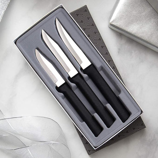 Rada Cutlery Paring Knife Galore Gift Set (G201) with Quick Edge Sharpener (R119), 3-Piece Knife Set and Knife Sharpener, Stainless Steel Blades, Black Handle