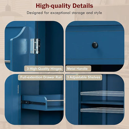 74.8''H High Freestanding Kitchen Pantry, Wooden Kitchen Organizers Cupboard Storage Cabinet with Door Shelves, Adjustable Shelves, Pull-out Trays and Drawers for Dining Room Living Room (Blue-2.12)