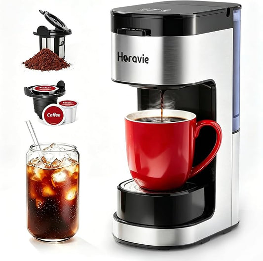 Horavie Single Serve Coffee Maker, Hot and Iced Coffee Maker for K Cup and Ground, 6 to 14 Oz Brew Sizes Single Cup Coffee Maker with Descaling Alert, Ideal for Home, Travel, RV and Dorm,Black
