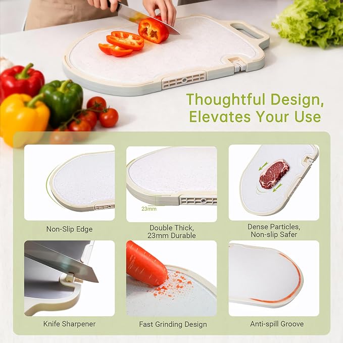 Titanium Cutting Board, 16x11x0.9 inch Non-Slip Chopping Board with Knife Sharpener, Dual-Sided Titanium & Wheat Straw PP, Anti-Spill Edge, Dishwasher Safe，Shield