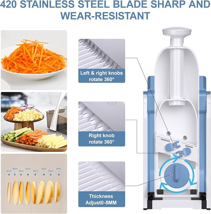 5 in 1 Safe Mandoline Slicer for Kitchen, Safe Vegetable Chopper with Paring Knife, Adjustable Thickness, Easy to Clean, Vegetable Slicer, Slicing, Strips, Shredding, Dicing, Chop (Haze Bluen)