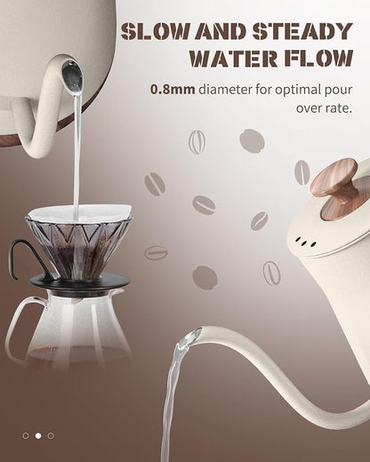 Gooseneck Electric Kettle Beige, 1000W Electric Tea Kettle Stainless Steel, Pour Over kettle for Coffee, Wood-like Grain Finish Handle, Hot Water Kettle, Auto Shut Off, 0.8L, Beige