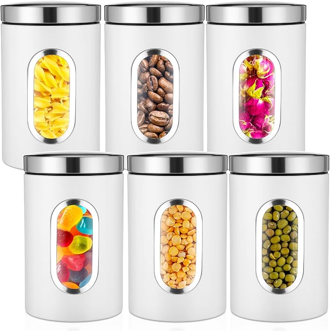 Zopeal 6 Pack White Canisters Sets For The Kitchen With See Through Window Stainless Steel Food Storage Canister Set Metal Jar for Kitchen Counter for Coffee Tea Candy Cookie