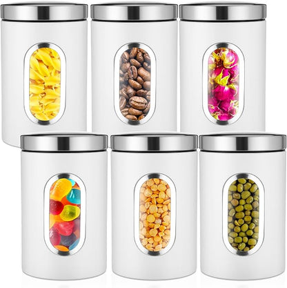 Zopeal 6 Pack White Canisters Sets For The Kitchen With See Through Window Stainless Steel Food Storage Canister Set Metal Jar for Kitchen Counter for Coffee Tea Candy Cookie