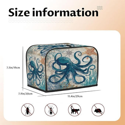 2 Slice Octopus Ocean Vintage Toaster Cover Waterproof Dust Fingerprint Bread Machine Cover Washable Kitchen Appliance Protector For Home Kitchen Bakeware Table Decor Women Gifts