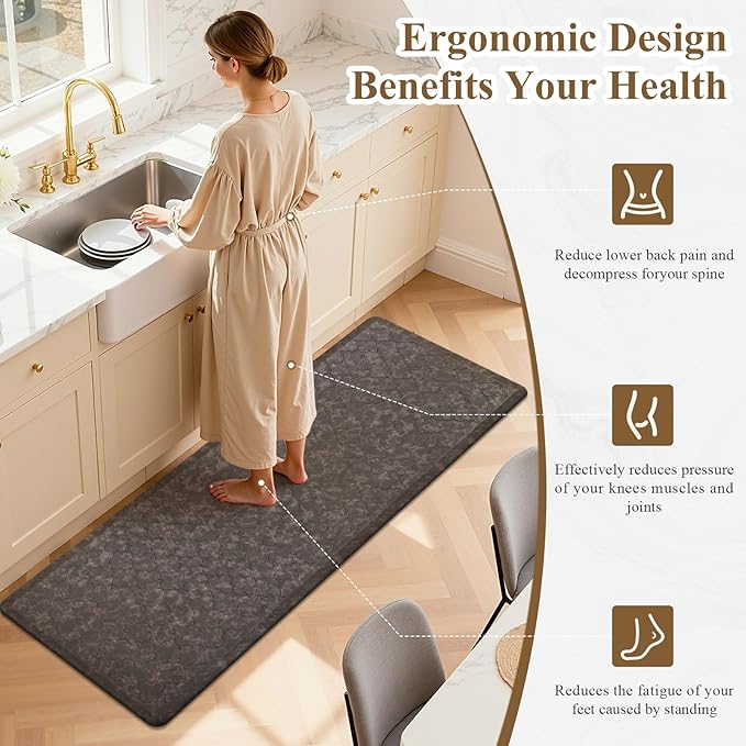 HEBE Kitchen Mat Cushioned Anti Fatigue Comfort Floor Mat Oversized 17.3"x48" Waterproof Non Slip Kitchen Rug Runner Laundry Room Rug Floor Carpet Heavy Duty Comfort Standing Mat Pads, Brown