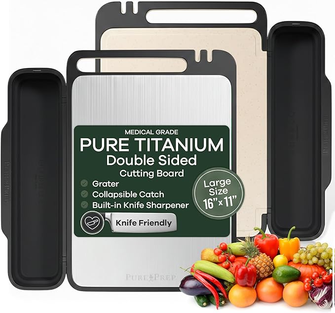 PURE-PREP Titanium Cutting Board - Double-Sided Design with Titanium Cutting Board and Wheat Straw PP for Kitchen Use - Chopping Board with Collapsible Catch, Grater, Knife Sharpener - Large 16”x11”