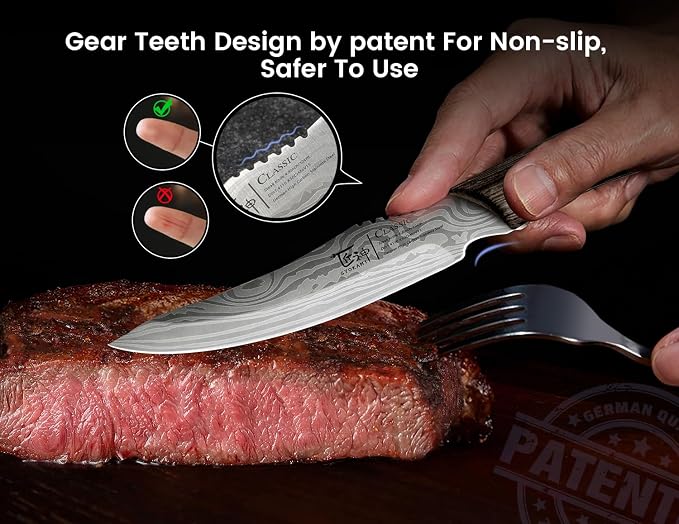 SYOKAMI Steak Knives Set of 6, 4.8 Inch Carbon Steel Japanese Style Non-Serrated Meat Knife with Damascus Pattern, Ergonomic Full-Tang Non-Slip Wooden Handle, Housewarming Cooking Gifts