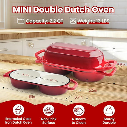 YONILL Mini Double Dutch Oven for Sourdough Bread Baking - Enameled Cast Iron Dutch Oven Pot with Lid and 5" Banneton Bread Proofing Basket Kit, Dual Round Bread Loaf Pan for Homemade Baking (Red)