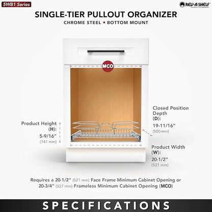 Rev-A-Shelf Steel Wire Pullout Drawer Organizer Shelf for Kitchen Cabinets, Slide Out Storage Basket, Min Opening Width of 20.5", 21" x 20", 5WB1-2120CR-1