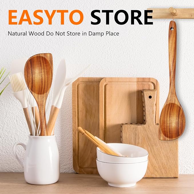 Wooden Spoons for Cooking, Natural Teak Wood Spoon and Spatula, Heat Resistant Non Scratch Utensils for Nonstick Pans, Large Cooking Spoons with Good Grip for Stirring, Serving, Salad