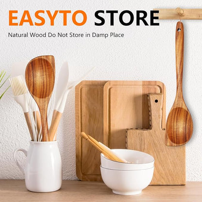 Wooden Spoons for Cooking, Natural Teak Wood Spoon and Spatula, Heat Resistant Non Scratch Utensils for Nonstick Pans, Large Cooking Spoons with Good Grip for Stirring, Serving, Salad