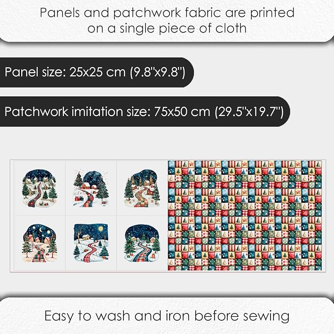 Winter Village Patchwork Cotton Fabric Panel – 6 Designs 10×10 inch + Bonus Patchwork Sheet 29.5×19.6 inch, 100% Cotton 140 GSM (USA Size)