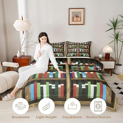 Manfei Pixel Bookshelf Kids Comforter Set,Pixelated Bookcase Vedio Game Bedding Set All Season,Books Modern Building Games Comforter 2 Pcs with 1 Pillowcase,Toddler Size