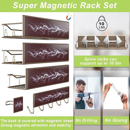 Magnetic Spice Rack for Refrigerator, 9 Pack Magnetic Fridge Shelves W/Adjustable Paper Towel Holder, Hook Rack, Moveable Spice Organizer Shelf for Kitchen Organization and Storage (Brown)