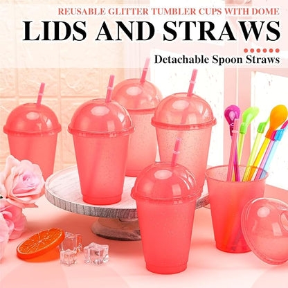 6 Set Slushie Cups with Dome Lids and Straws Detachable Spoon Straws Reusable Plastic Iced Coffee Cups Smoothie Tumbler for Birthdays Summer Party Supplies(Pink,16 oz)