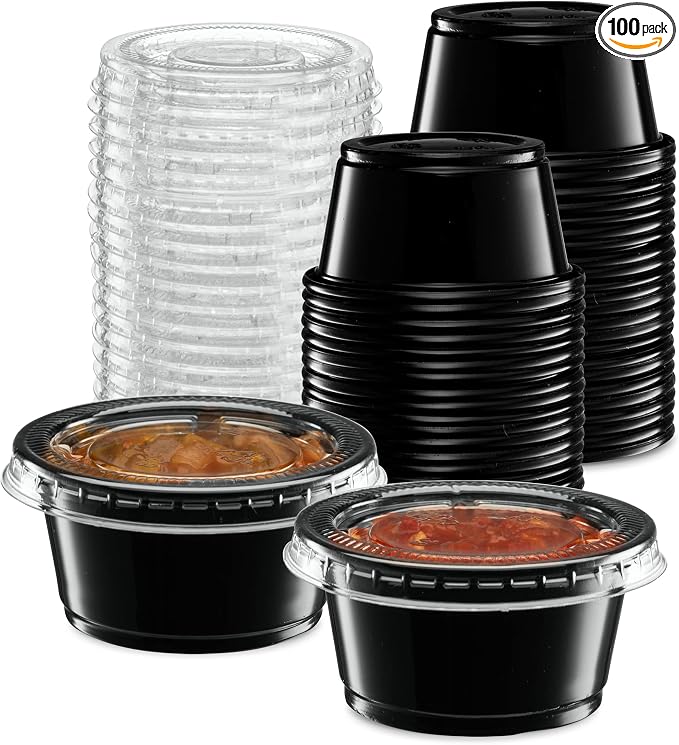2 oz - 100 Sets Black Diposable Plastic Portion Cups With Lids, Small Mini Containers For Portion Controll, Jello Shots, Meal Prep, Sauce Cups, Slime, Condiments, Medicine, Dressings, Crafts