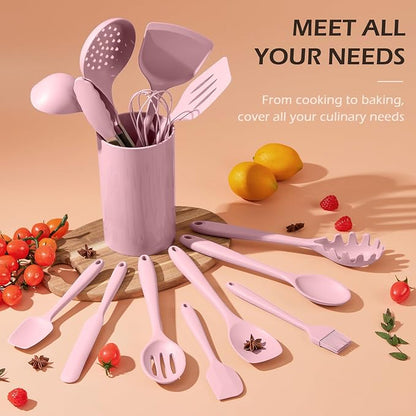 Homikit 15-Piece Kitchen Utensil Set, Silicone Cooking Utensils Spatula Set with Holder for Nonstick Cookware, Heat Resistant Kitchen Tools Gadgets for Cooking and Baking-Pink