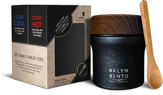 Insulated Food Jar with Bamboo Spoon: Wide Mouth 18/8 Stainless Steel Lunch Container for Hot Soup & Food, Leakproof Vacuum Metal Flask (10oz, Cracked Coal / Black)