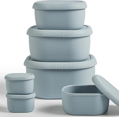 ISSEVE 6Pcs/Set Nesting Silicone Food Storage Containers with Lids, BPA Free Reusable Meal Prep Silicone Containers Lunch Box Bento Box Set (33.8oz, 20oz, 10oz, 6.7oz, 1.3oz) (Grey)