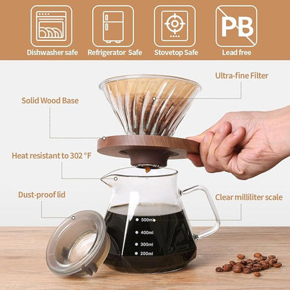 Pour Over Coffee Maker 20 OZ, 6 Cup Borosilicate Glass Drip Coffee Maker with 40 pcs V60 Paper Filter and Walnut Grip for Home Café 600 ML