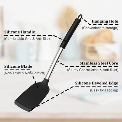 TeamFar Cooking Utensils Set, 5 PCS Silicone Kitchen Utensils with Stainless Steel Handle, for Nonstick Cookware Flipping Frying Turning Draining, Heatproof & Healthy, Nonstick & Easy Clean, Black