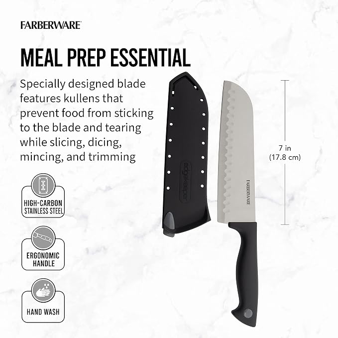 Farberware Edgekeeper 7-Inch Santoku Knife with Self-Sharpening Blade Cover, High Carbon-Stainless Steel Kitchen Knife with Ergonomic Handle, Razor-Sharp Knife, Black