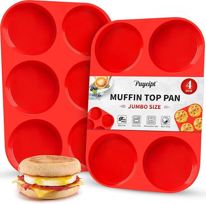 Puyeipt 4 Inch Silicone Egg Molds for Breakfast Sandwiches, 2 Pack Jumbo Size Muffin Top Pans, Non-Stick Round Baking Molds for Egg Bites, Hamburger Buns, English Muffins, Whoopie Pies