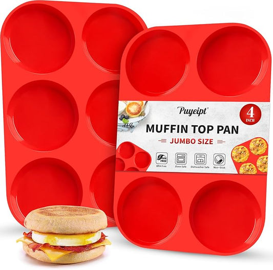 Puyeipt 4 Inch Silicone Egg Molds for Breakfast Sandwiches, 2 Pack Jumbo Size Muffin Top Pans, Non-Stick Round Baking Molds for Egg Bites, Hamburger Buns, English Muffins, Whoopie Pies