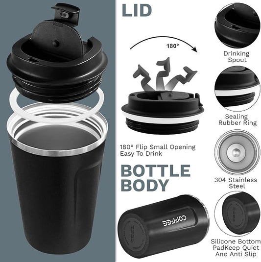 YINBAOGE Insulated Travel Coffee Mug, Spill & Leak Proof, Portable To Go Camping Stainless Steel Coffee Tumbler, Reusable Thermal Coffee Cup with Lid for Hot & Cold Drinks (2nd-Black, 12 OZ)