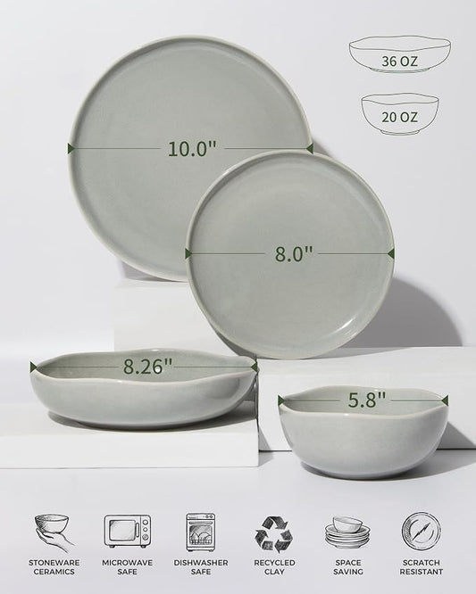 Pokini Plates and Bowls Sets, 16 Pieces Dinnerware Set for 4 with Pasta Bowls, Handmade Dishes Set, Chip Resistant Dishware Sets, Microwave Safe Dinner Set, Designed for Interactive Meals, Gray Green