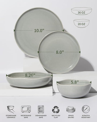Pokini 32 Piece Dinnerware Set for 8 with Pasta Bowls, Gray Green Reactive Glaze Stoneware | All‑in‑One Host Set for Entertaining, Holiday Meals, Multi‑Course Dish Set | Unique Irregular Look