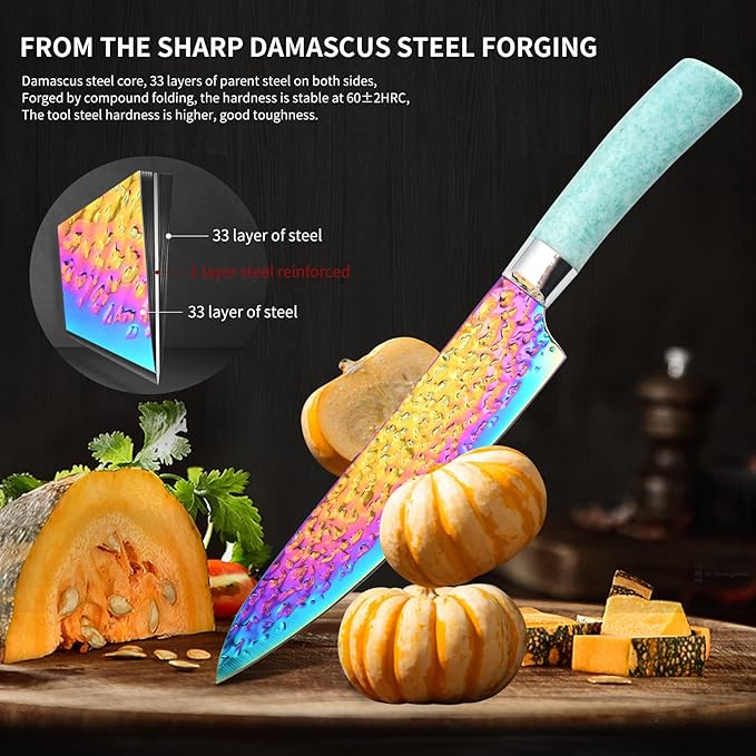 Rainbow Knife Set, Kitchen Knives Set with Acrylic Block, Thick Blade Cutlery Knife Block Set, Chef Sharp Quality for Home & Pro Use, Best Gift (Teal Handle)