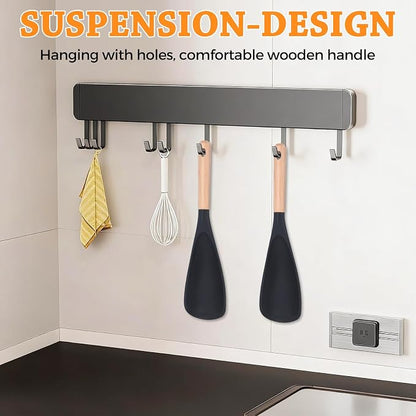 Silicone Cooking Spoon for Nonstick Cookware, 2-Pack Wooden Handle Spatula Spoon for Mixing, Scooping, Scraping and Serving, Safe for Pots Pans Skillets