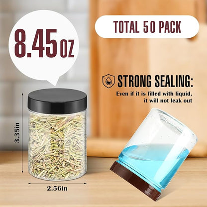 Mifoci 50 Pcs 8.45 oz Clear Plastic Jars Containers Wide Mouth Food Storage Jar for Kitchen Dry Food Butter Honey Cosmetics Cream, Black and Brown(2.56''l X 3.35''h)