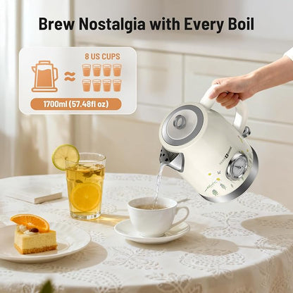 PARIS RHÔNE Retro Stainless Steel Electric Kettle, 1.7L Cordless Hot Water Tea Kettle with Thermometer, 1500W Fast Heating, LED Indicator, Auto Shut-Off & Boil Dry Protection