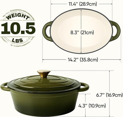 Oval Dutch Oven for Bread Baking, 4.5 Quart Non Stick Enameled Cast Iron Dutch Oven Pot with Lid, Oven Safe Oval Casserole with Lid up to 500°F for Baking, Braising, Stews, Roasting, Golden Green