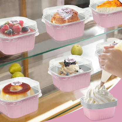 20 Pack 10oz Pink Mini Cake Pans With Lids, Aluminum Foil Square Brownie Baking Cups,Disposable 4”x4” Large Cupcake Pan,Jumbo Muffin Tin Ramekins Holders