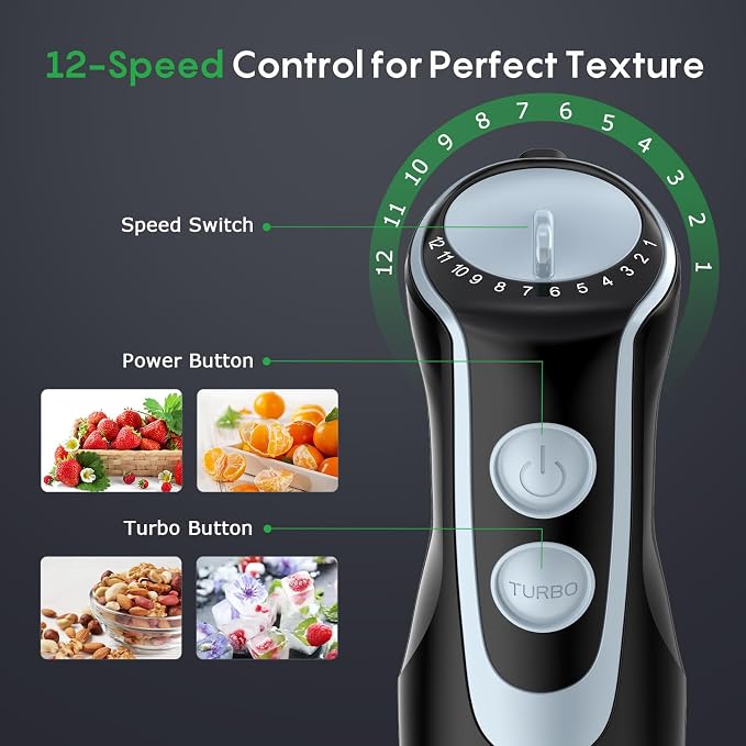 Immersion Handheld Blender 500W with 700ml Beaker, 12-Speed & Turbo Mode Hand Blender Stick, 304 Stainless Steel Blades for Soup, Smoothie, Puree, Baby Food